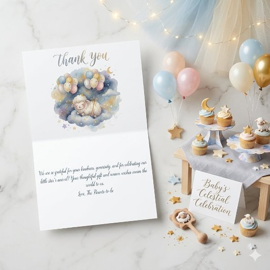 Watercolor Celestial Sheep & Balloons Baby Shower  サンキューカード