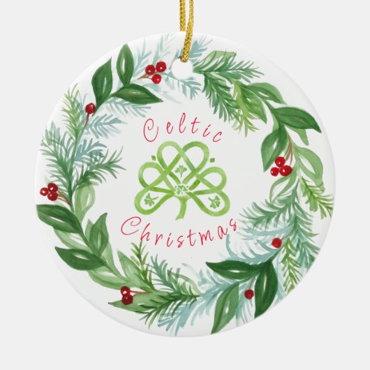 Watercolor Celtic Christmas Wreath PERSONALIZE  セラミックオーナメント (正面)