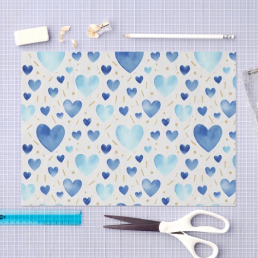 Watercolor Cerulean Hearts & Gold Sparkle 薄葉紙 (クラフト)