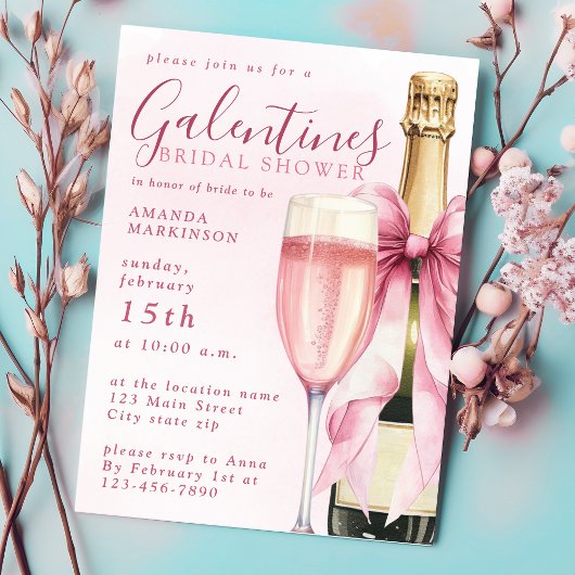 Watercolor Champagne Galentines Bridal Shower 招待状