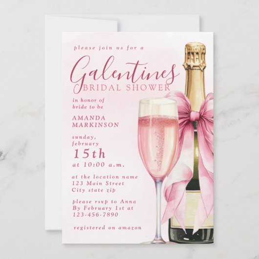 Watercolor Champagne Galentines Bridal Shower 招待状 (正面)