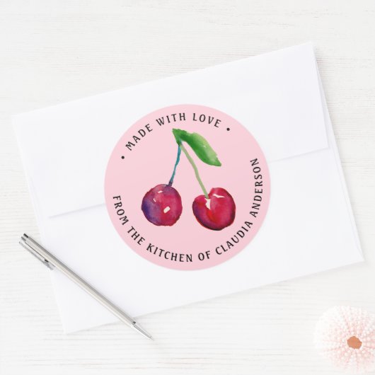 Watercolor Cherries Made With Love Round Sticker ラウンドシール (封筒)
