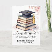 Watercolor Cherry Blossom Book Stack Graduation カード (正面)