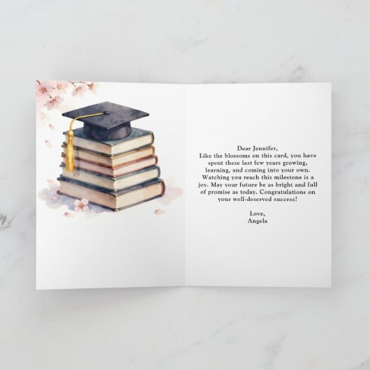 Watercolor Cherry Blossom Book Stack Graduation カード (内部)