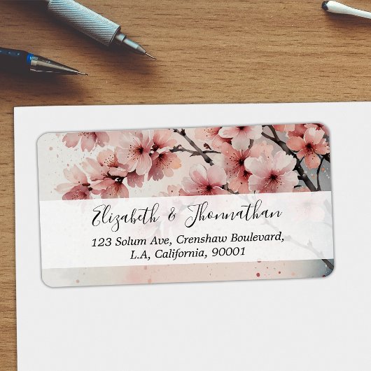 Watercolor Cherry Blossom Floral Girly Script Name ラベル