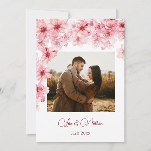 Watercolor Cherry Blossom Photo Wedding セーブザデート (正面)