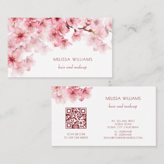 Watercolor Cherry Blossoms QR Code 名刺 (正面/裏面)