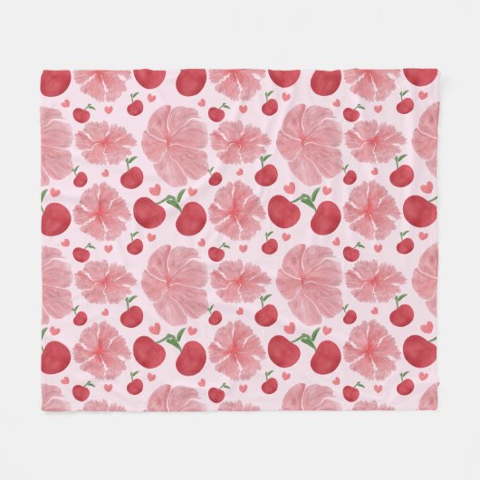 Watercolor Cherry floral pattern  フリースブランケット (正面(横))