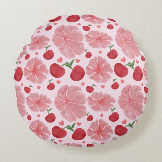 Watercolor Cherry Floral Pattern, Cute Cherries  ラウンドクッション (正面)