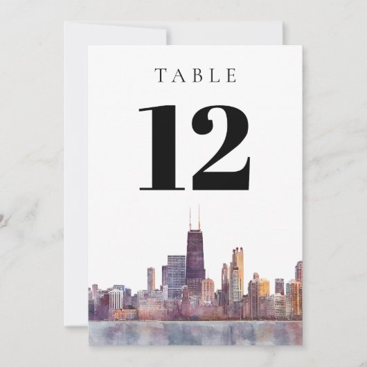 Watercolor Chicago Skyline Table Number 招待状 (正面)