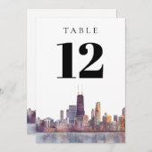 Watercolor Chicago Skyline Table Number 招待状 (正面/裏面)