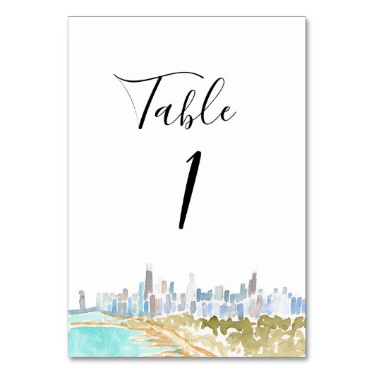 Watercolor Chicago Wedding Table Numbers テーブルナンバー (正面)