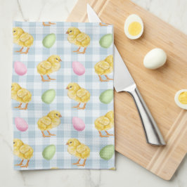 Watercolor Chick And Eggs On Blue Gingham Pattern キッチンタオル