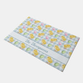 Watercolor Chick And Eggs On Blue Gingham Pattern ドアマット (アングル)