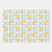 Watercolor Chick And Eggs On Blue Gingham Pattern ラッピングペーパーシート (正面3)