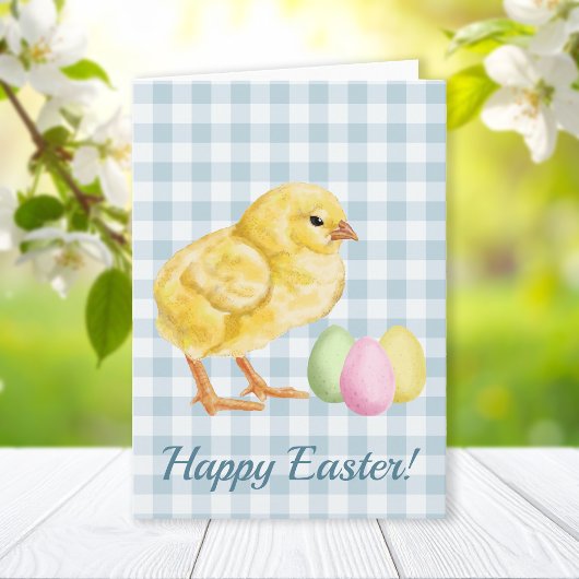 Watercolor Chick And Eggs On Blue Happy Easter カード