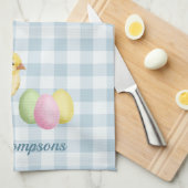 Watercolor Chick And Eggs On Blue With Name キッチンタオル (四つ折り)