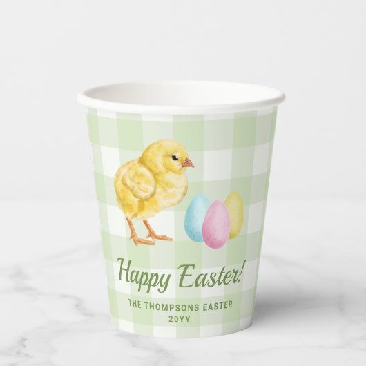 Watercolor Chick And Eggs On Green Happy Easter 紙コップ (正面)