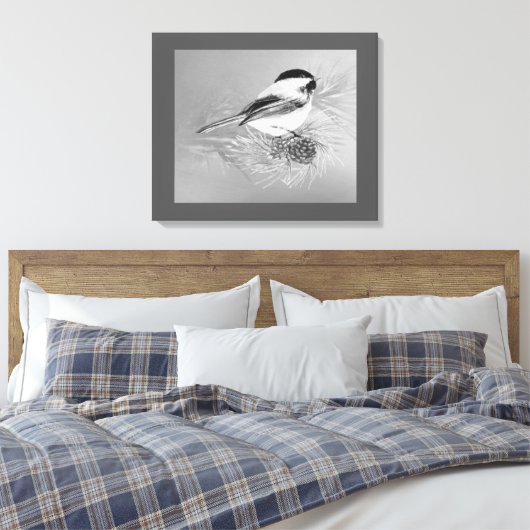 Watercolor Chickadee Bird Pine Cone Nature Art キャンバスプリント (インサイチュ (寝室))