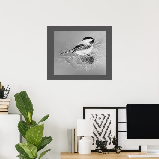 Watercolor Chickadee Bird Pine Cone Nature Art ポスター (ホームオフィス)