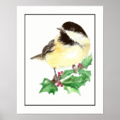 Watercolor Chickadee Bird with Holly Sprig ポスター (正面)