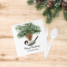 Watercolor Chickadee on Pinecone Merry Christmas スタンダードカクテルナプキン