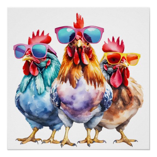 Watercolor Chickens Wearing Big Sunglasses ポスター (正面)