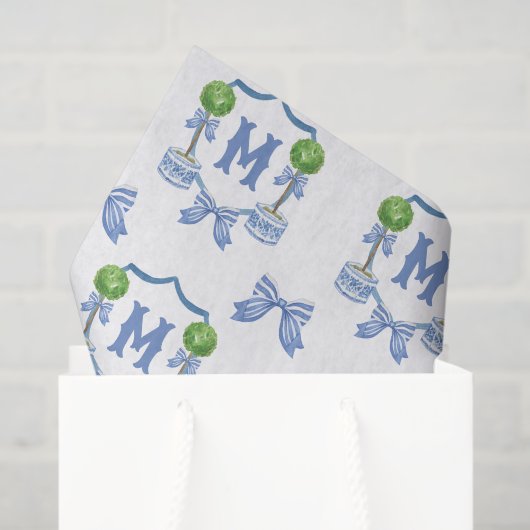 Watercolor Chinoiserie Blue Topiary Monogram Crest 薄葉紙 (ギフトバッグ)