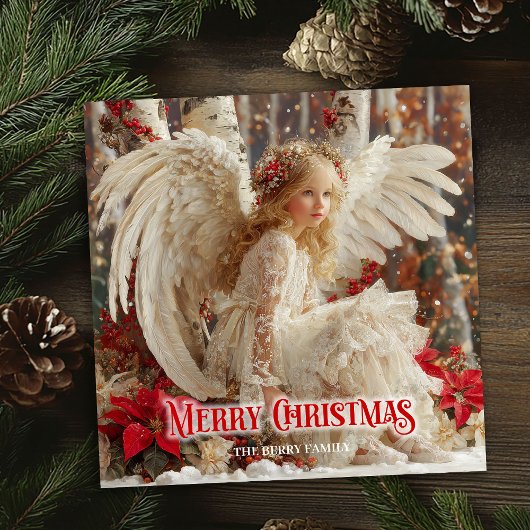 Watercolor Christmas angel red poinsettias chic シーズンカード