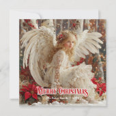 Watercolor Christmas angel red poinsettias chic シーズンカード (正面)