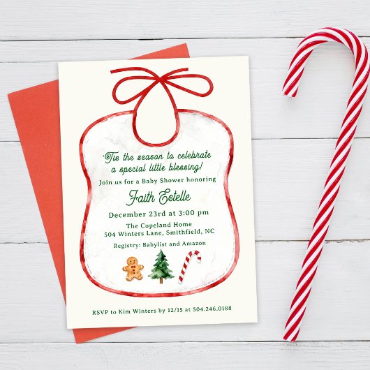 Watercolor Christmas Baby Shower Bib Invitation 招待状
