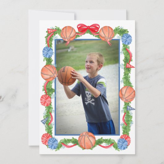 Watercolor Christmas Basketball Garland Photo シーズンカード (正面)