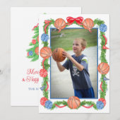 Watercolor Christmas Basketball Garland Photo シーズンカード (正面/裏面)