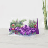 Watercolor Christmas Evergreen Ribbon Purple Red シーズンカード (正面)