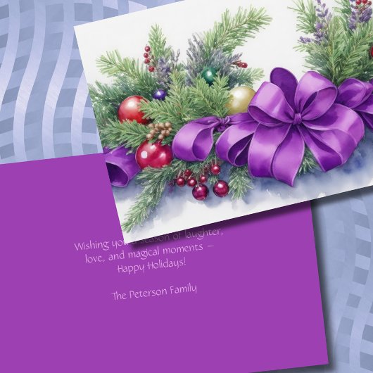 Watercolor Christmas Evergreen Ribbon Purple Red シーズンカード