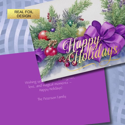 Watercolor Christmas Evergreen Ribbon Purple Red 箔シーズンカード
