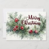 Watercolor Christmas Floral Spray Red Green カード (正面)