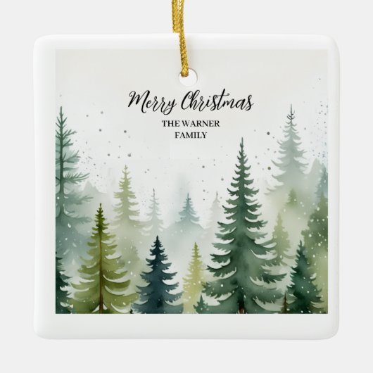 Watercolor Christmas Forest Trees Snowy Winter セラミックオーナメント (正面)