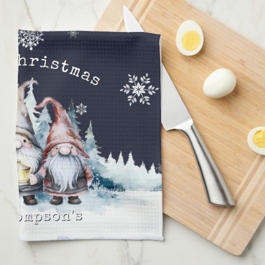 Watercolor Christmas Gnomes Personalized キッチンタオル (四つ折り)