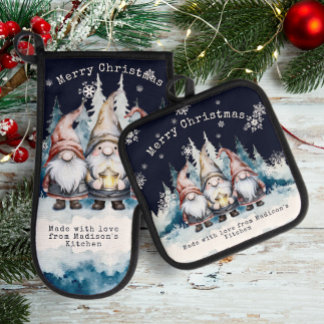 Watercolor Christmas Gnomes Personalized 鍋つかみ&鍋敷きセット