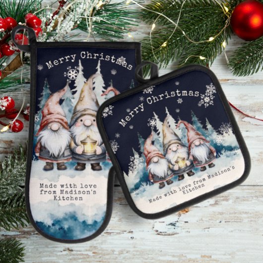 Watercolor Christmas Gnomes Personalized 鍋つかみ&鍋敷きセット