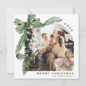 Watercolor Christmas Green Lace Bow Ribbon 2 Photo シーズンカード (正面)