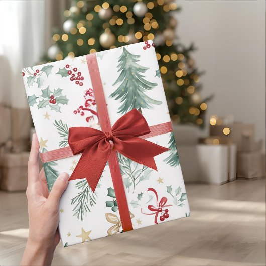 Watercolor Christmas Greenery Wrapping Paper ラッピングペーパー