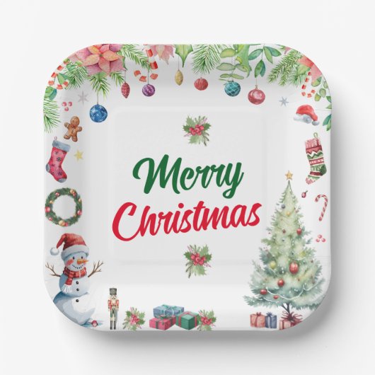 Watercolor Christmas Holiday Party ペーパープレート (正面)