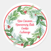 Watercolor Christmas Holiday Wreath Cookie Exchang ラウンドシール (正面)
