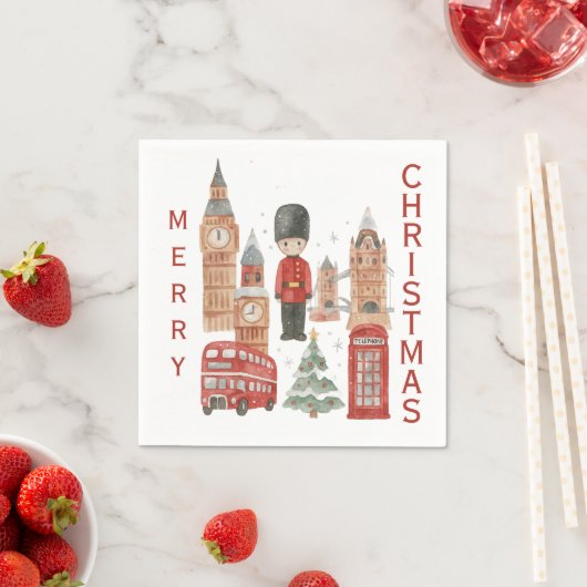 Watercolor Christmas in London Red Bus, Big Ben スタンダードカクテルナプキン (インサイチュ)