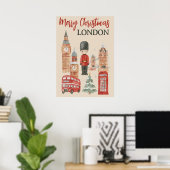 Watercolor Christmas in London Red Bus, Big Ben ポスター (ホームオフィス)