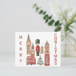 Watercolor Christmas in London Red Bus, Big Ben ポストカード