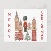 Watercolor Christmas in London Red Bus, Big Ben ポストカード (正面)