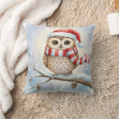 Watercolor Christmas Owl In a Santa Hat クッション (ブランケット)